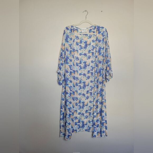 Sadie & Sage Kimono Blue Floral Swiss Dot Open Front Side Slit Fairy Boho Medium - Picture 5 of 9
